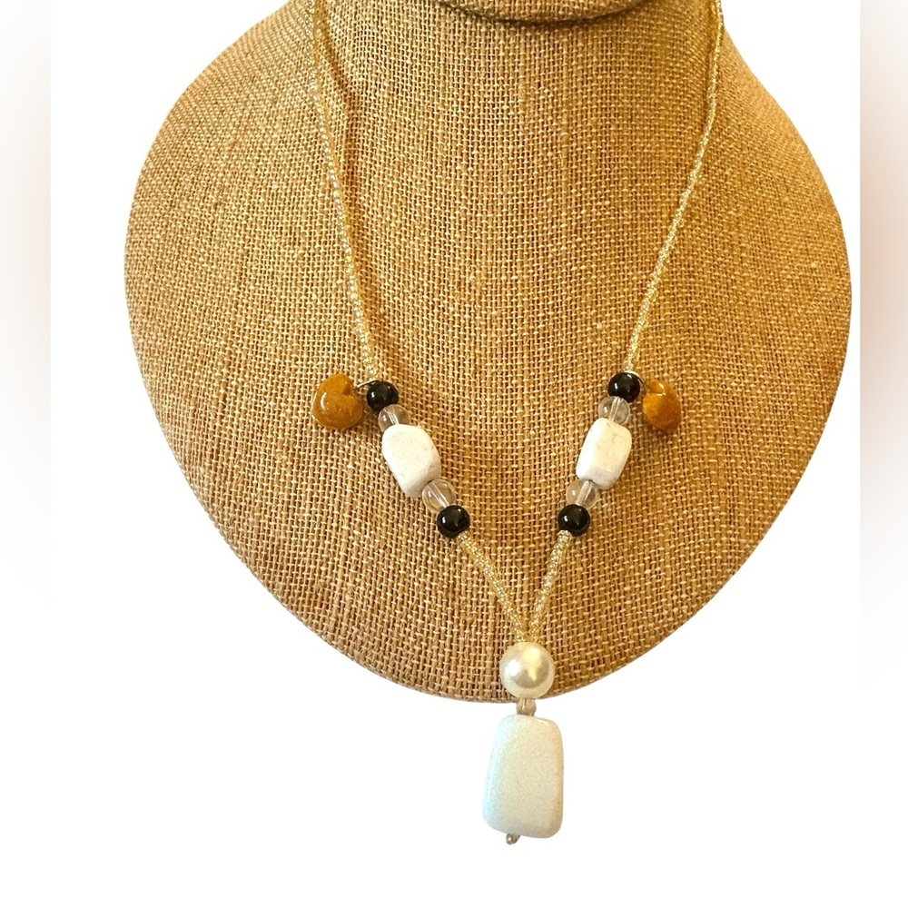Seed Beaded Necklace with Stones and Glass Hearts with Lobster Claw Clasp